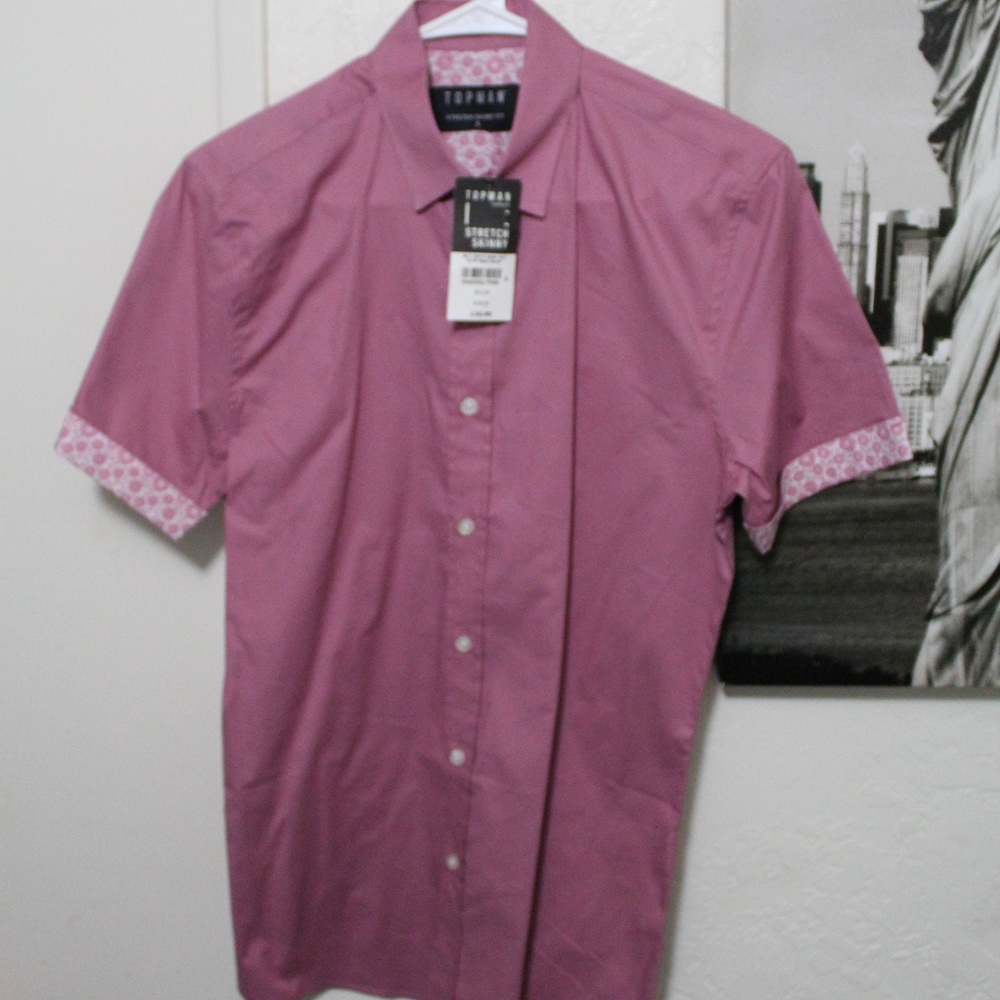 TOPMAN PINK TURN UP GEOMETRIC STRETCH SKINNY SHIRT